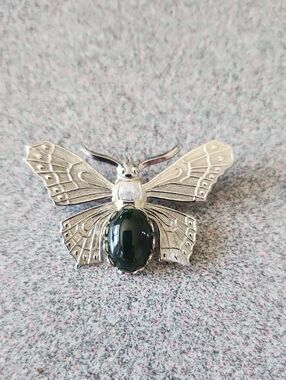 Silver-Tone Butterfly Brooch with Dark Green Cabochon